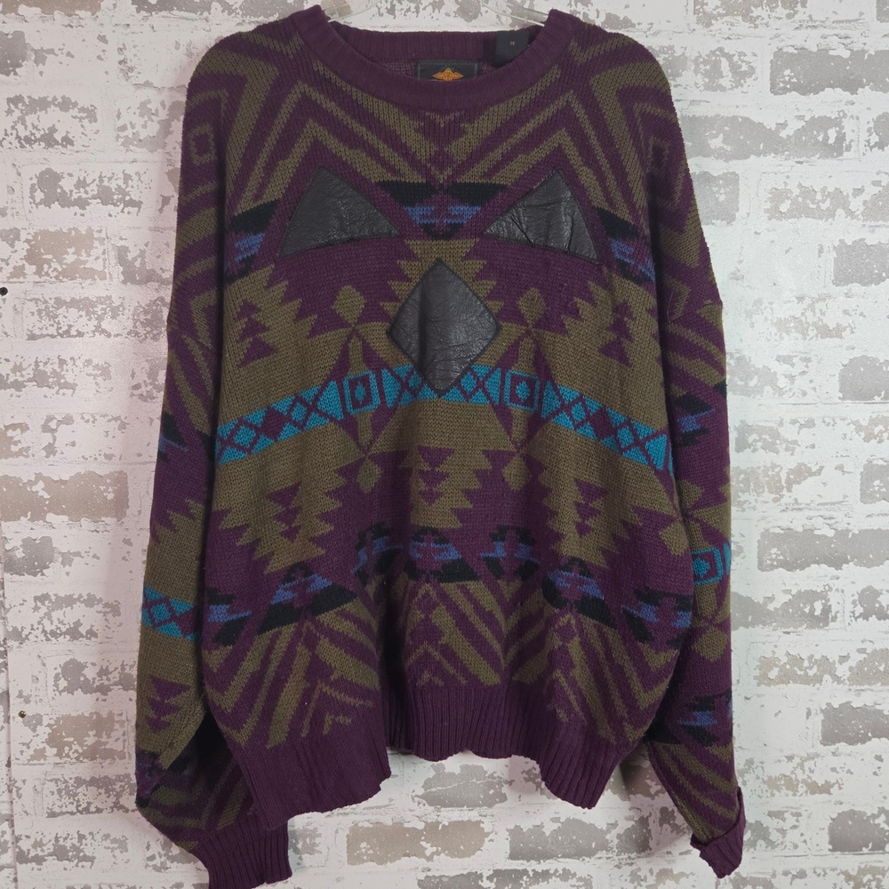 Barnaby Sweater Mens 3X Purple Geometric Aztec Leather Trim Vintage 90s Retro
